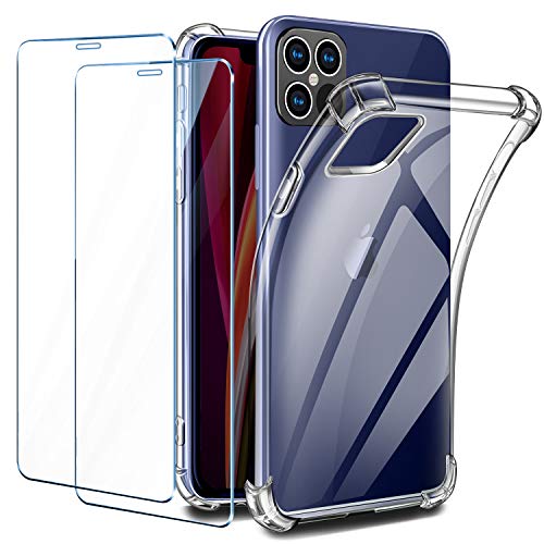 Leathlux Funda iPhone 12 Pro + [2 Pack] Cristal Templado Protector de Pantalla, Ultra Fina Silicona Transparente TPU Funda y Protector Airbag Anti-arañazos Carcasa iPhone 12 Pro/iPhone 12 MAX 5G 6.1"