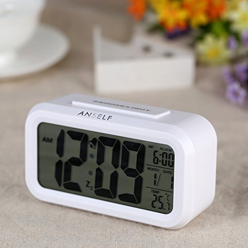 LED Digital Alarma despertador,Anself Reloj Repeticion activada por luz Snooze Sensor de luz Tiempo Fecha Temperatura (Blanco puro)