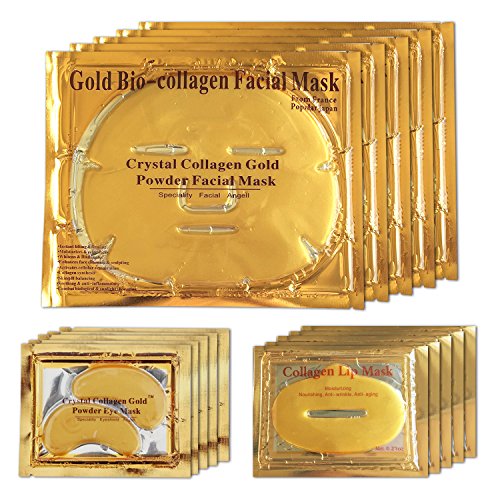 LeSB 5pcs 24k Gold Bio-collagen Face Facial Mask + 5pairs Gold Powder Eye Mask+ 5pcs Gold Lip Mask (5sets/package)