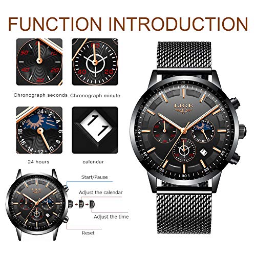 LIGE Hombres Relojes Moda Ocio Negocios Analógico Cuarzo Relojes Hombre Impermeable Acero Inoxidable Negro Cinturón de Malla Cronógrafo Relojes