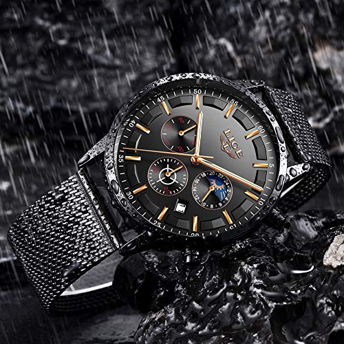 LIGE Hombres Relojes Moda Ocio Negocios Analógico Cuarzo Relojes Hombre Impermeable Acero Inoxidable Negro Cinturón de Malla Cronógrafo Relojes