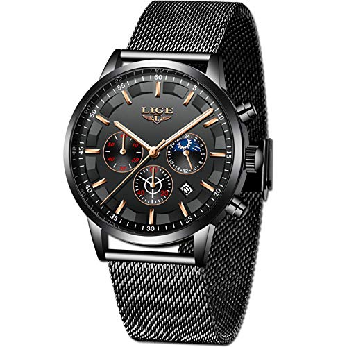 LIGE Hombres Relojes Moda Ocio Negocios Analógico Cuarzo Relojes Hombre Impermeable Acero Inoxidable Negro Cinturón de Malla Cronógrafo Relojes