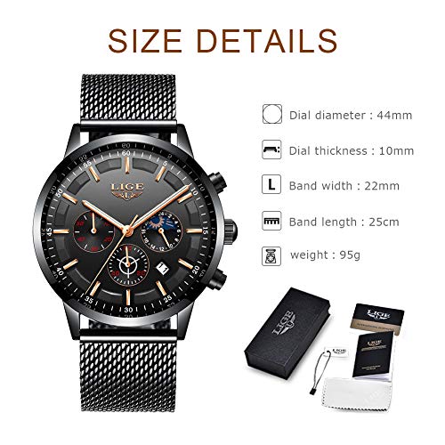 LIGE Hombres Relojes Moda Ocio Negocios Analógico Cuarzo Relojes Hombre Impermeable Acero Inoxidable Negro Cinturón de Malla Cronógrafo Relojes