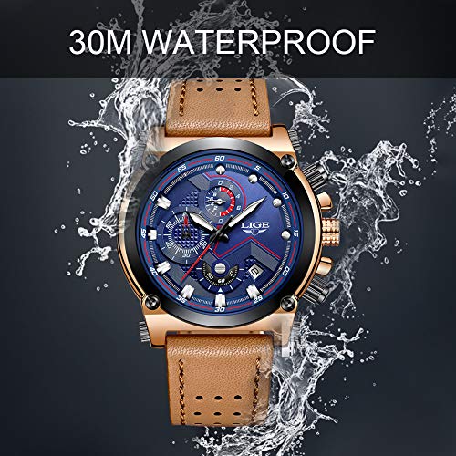 LIGE Relojes Hombre Militar Impermeable Deportes Analogicos Cuarzo Relojes Hombre Azul Automática Fecha Cuero Relojes