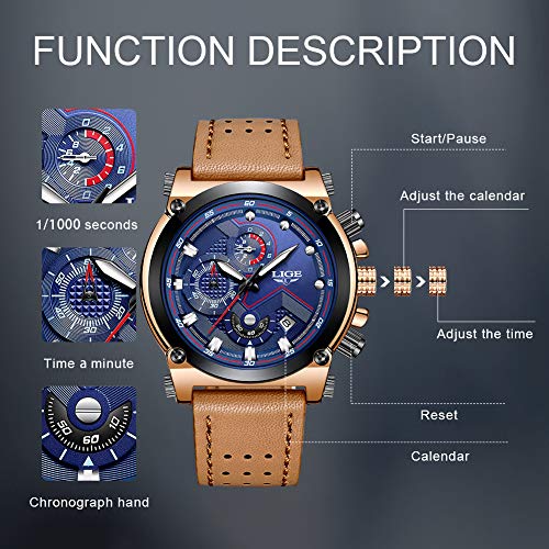 LIGE Relojes Hombre Militar Impermeable Deportes Analogicos Cuarzo Relojes Hombre Azul Automática Fecha Cuero Relojes