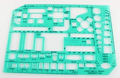 Linex LXG1263S - Plantilla para dibujar muebles (con símbolos de muebles y habitaciones, escala 1-50, 230 x 160 mm, tintada), color verde