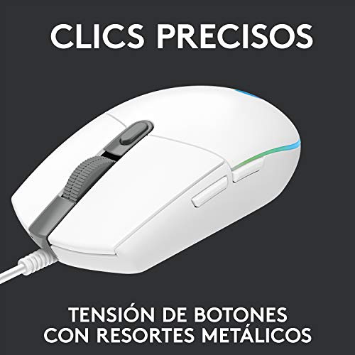 Logitech G203 LIGHTSYNC Ratón con iluminación RGB personalizable para gaming, 6 botones programables, sensor para gaming, seguimiento de hasta 8.000 dpi, peso ligero,G203 2ª Gen.,Blanco