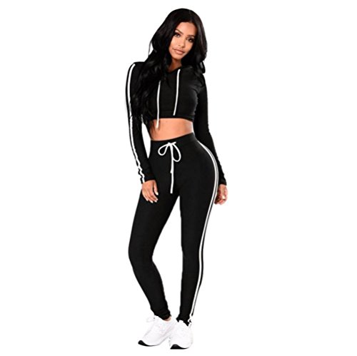 Logobeing Señoras Mujeres Suéter Sudaderas Tops + Pantalones Deportivos Desgaste Casual Sets (2PCS/1 Conjunto) (S, Negro)