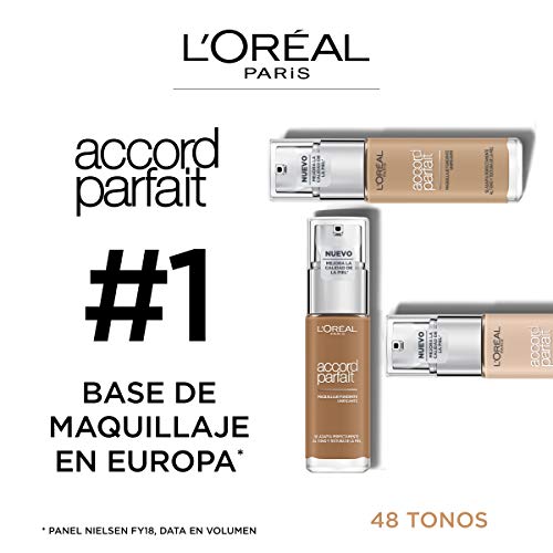 L'Oréal Paris Accord Parfait, Base de maquillaje acabado natural con ácido hialurónico, tono piel medio 4N, 30 ml