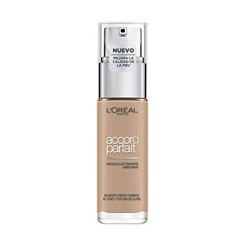 L'Oréal Paris Accord Parfait, Base de maquillaje acabado natural con ácido hialurónico, tono piel medio 4N, 30 ml