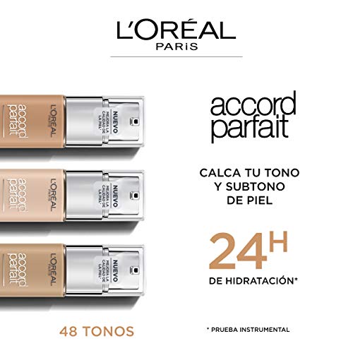 L'Oréal Paris Accord Parfait, Base de maquillaje acabado natural con ácido hialurónico, tono piel medio-oscuro 6N, 30 ml