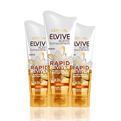 L'Oreal Paris Elvive Aceite Extraordinario Rapid Reviver Mascarilla Instantánea Nutritiva, para pelo seco - pack de 3 x 180 ml