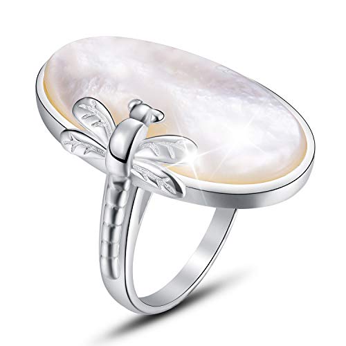 Lotus Fun - Anillo abierto de plata de ley con diseño de libélula y concha de mar natural, hecho a mano, regalo único para mujeres y niñas