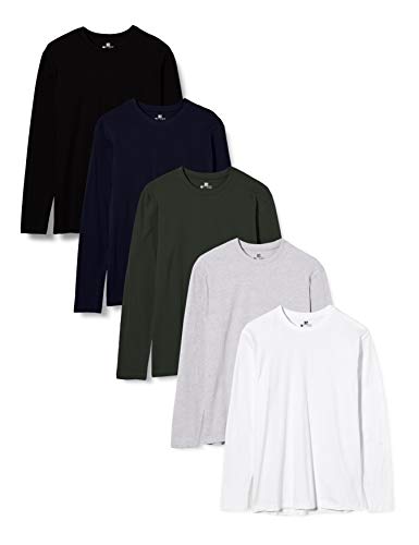 Lower East Camiseta de manga larga Hombre, Pack de 5 Mehrfarbig (Weiß/Schwarz/Grau/Blau/Grün), Small