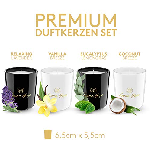 Luana Rose - Juego de 4 velas de cera de soja 100 % para aromaterapia, velas en vaso de cera de soja (lavanda, eucalytus citronela, vainilla, coconut)