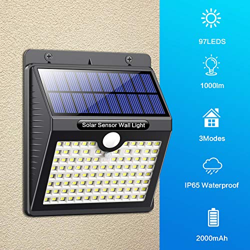 Luz Solar Exterior, Pxwaxpy [97LED 4 Packs] Foco Solar Exterior con Sensor de Movimiento Gran Ángulo 270º, Lámpara Solar Impermeable con 3 modos inteligentes para jardín,Terrazas, Escaleras