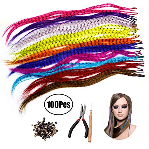 Lvcky Kit de extensiones de pelo sintético con 52 colores surtidos sintéticos con punta de palo, 100 cuentas, alicates y gancho (colores brillantes y bonitos)