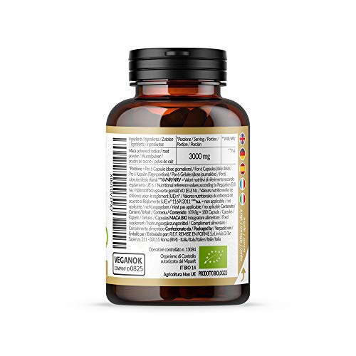 Maca Andina Ecológica en Cápsulas 500mg (180 cápsulas). 100% Gelatinizada, Bio y Pura, viene de raíz de Maca Peruana Orgánica. NaturaleBio