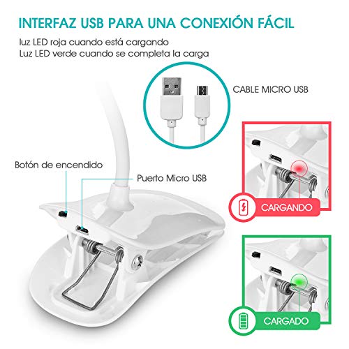 Mafiti Lámpara LED con Cable de Carga, Clip de sujección y Brazo de Cuello de Ganso. Lámparita de Mesa. 3 Niveles de Brillo, Control táctil y Alcance Flexible.