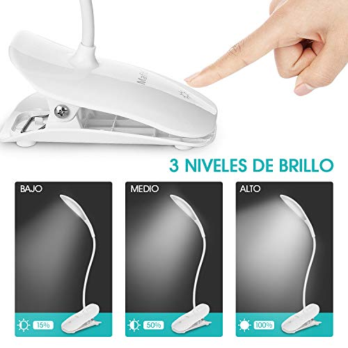 Mafiti Lámpara LED con Cable de Carga, Clip de sujección y Brazo de Cuello de Ganso. Lámparita de Mesa. 3 Niveles de Brillo, Control táctil y Alcance Flexible.