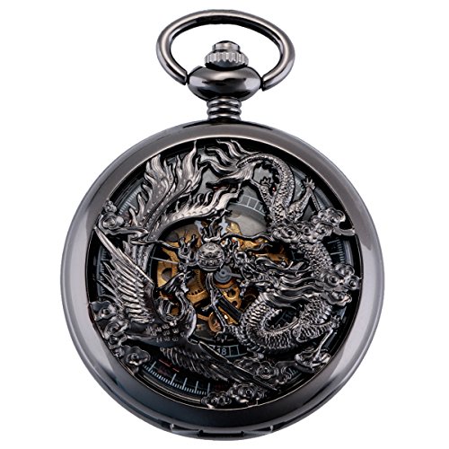 ManChDa Antiguo Negro Hunter Números Romanos Dragon y Phoenix/Reno Patrón Hueco Mecánico Reloj de Bolsillo + Caja de Regalo (1.Black, HBH065)