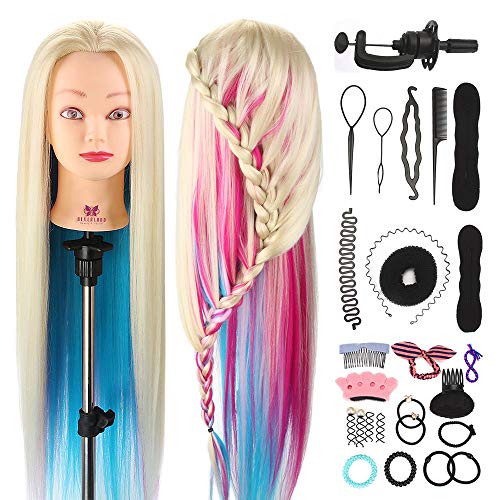 Maniquíes de aprendizaje, Neverland Beauty 26 "100% fibra sintética Peluquería Entrenamiento Cabeza Maniquí Muñeca multicolor con prenda Practica Maniquí + Juego de accesorios de trenza