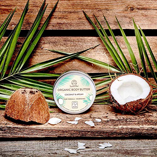 Manteca Corporal Todo Natural Coco & Argan Suntribe - 100% Orgánica - Olor Natural de Coco (Sin Perfume) - Hidratación intensa - Piel normal/sensible / (muy) seca - 5 Ingredients (150 ml)