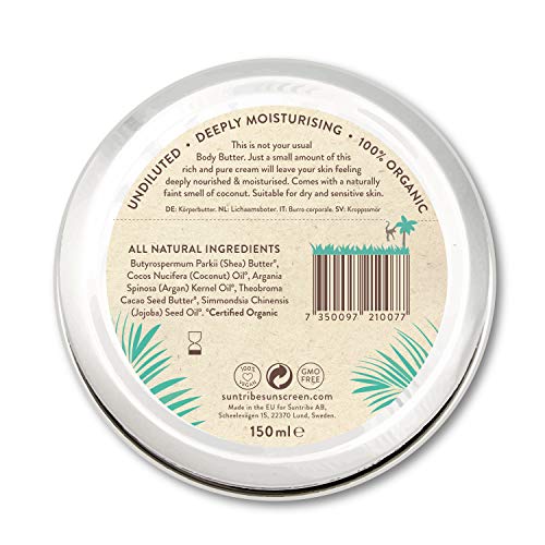 Manteca Corporal Todo Natural Coco & Argan Suntribe - 100% Orgánica - Olor Natural de Coco (Sin Perfume) - Hidratación intensa - Piel normal/sensible / (muy) seca - 5 Ingredients (150 ml)