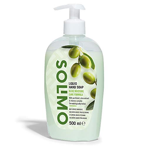 Marca Amazon - Solimo Jabón líquido para manos. Fórmula hidratante de oliva- Paquete de 4 (4 Botellas x 500ml)