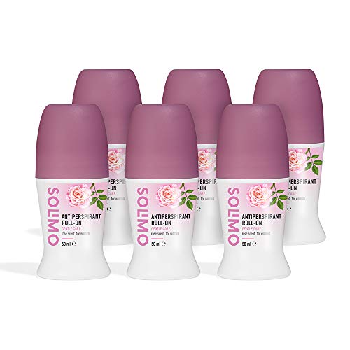 Marca Amazon - Solimo Roll-on antitranspirante, cuidado delicado con perfume de rosas, Paquete de 6 (6 x 50 ml)