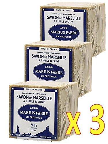 MARIUS FABRE - JABON DE Marsella con Aceite de Oliva, 200 gr - Pack de 3 Cub