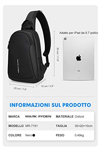 MARK RYDEN Bolso del Bolso del Pecho de la Honda Anti-Theft para los Hombres Bolso del Hombro del Viaje de Crossbody Impermeable Adaptado para 9.7"iPad … (Negro Nuevo)