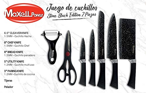 MAXELLPOWER MP-82 SET DE 5 CUCHILLOS TIJERAS PELADOR BLACK STONE JUEGO ESMALTADOS ACERO GARANTIA, Inoxidable