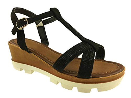 Mc Footwear - Sandalias de cuña de gamuza sintética para mujer, detalle de tachuelas, talla 3-8, color Negro, talla 40 EU