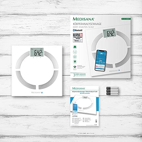 Medisana BS 444 Connect Báscula Analítica Digital de 180 kg, Báscula Personal para Medir la Grasa Corporal, el Agua Corporal, la Masa Muscular, el Peso de los Huesos, Báscula de Grasa Corporal con App