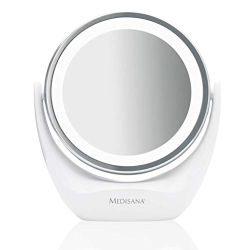 Medisana CM 835 Espejo de maquillaje redondo, Espejo de mesa con iluminación LED y 5 aumentos - Espejo de maquillaje con función de giro de 360°