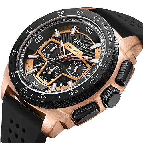 Megir Reloj de pulsera grande, para hombre, oro rosa, militar, correa de silicona, con cronógrafo, calendario, resistente al agua, XL