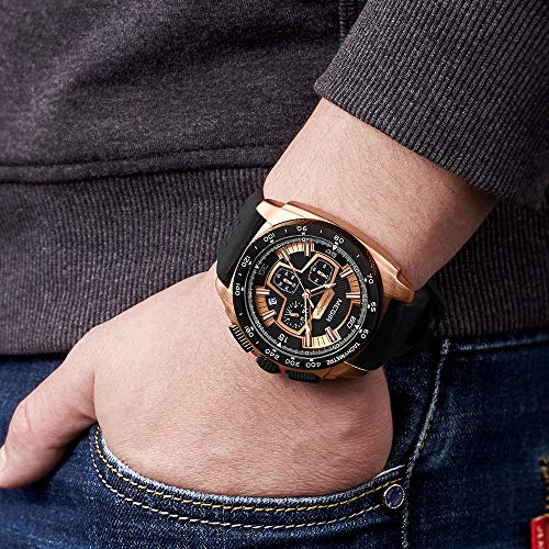 Megir Reloj de pulsera grande, para hombre, oro rosa, militar, correa de silicona, con cronógrafo, calendario, resistente al agua, XL