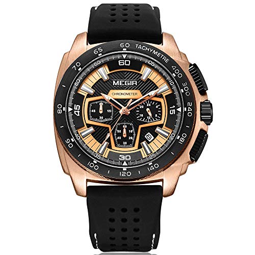 Megir Reloj de pulsera grande, para hombre, oro rosa, militar, correa de silicona, con cronógrafo, calendario, resistente al agua, XL