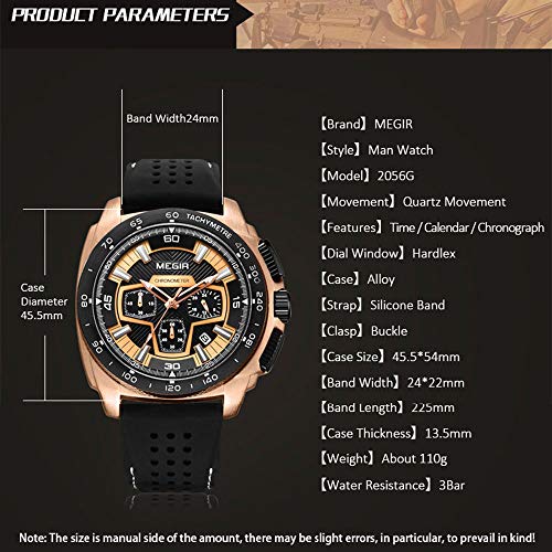 Megir Reloj de pulsera grande, para hombre, oro rosa, militar, correa de silicona, con cronógrafo, calendario, resistente al agua, XL