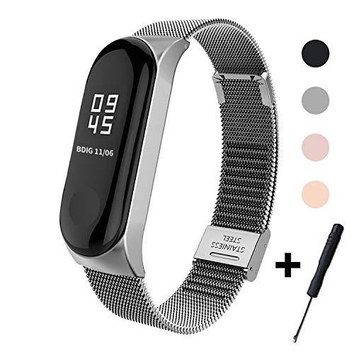 Mi Band 3 Correa de Metal BDIG Pulsera para Xiaomi Mi Band 3 Correa de Acero Inoxidable Agradable (No Host) (Melan Plata)