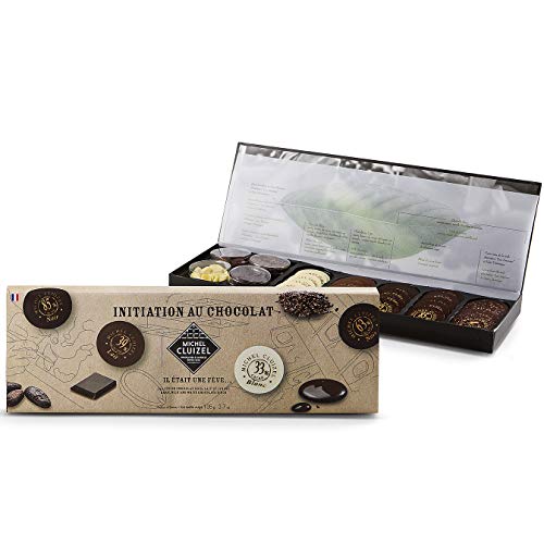 Michel Cluizel Chocolate Surtido de 4 Cajas Descubrimientos y 25 Paleta de Chocolate Oscuro, Leche y Chocolate Blanco con Manteca de Cacao Pura Vainilla Bourbon en Vaina Cacao Mínimo 45% - 1x105 Gram