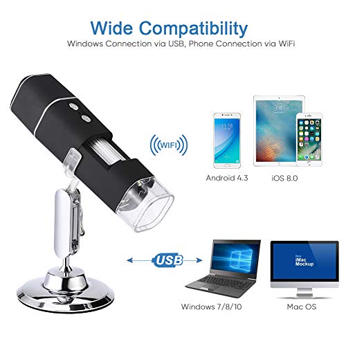 Microscopio Digital WiFi HD 2MP, 1000x Microscopio Inalámbrico 1080P HD con Zoom, Recargable, 8 LED, USB 2.0, Soporte de Metal, Microscopio Endoscopio Camara para iPhone iOS Android iPad Windows Mac