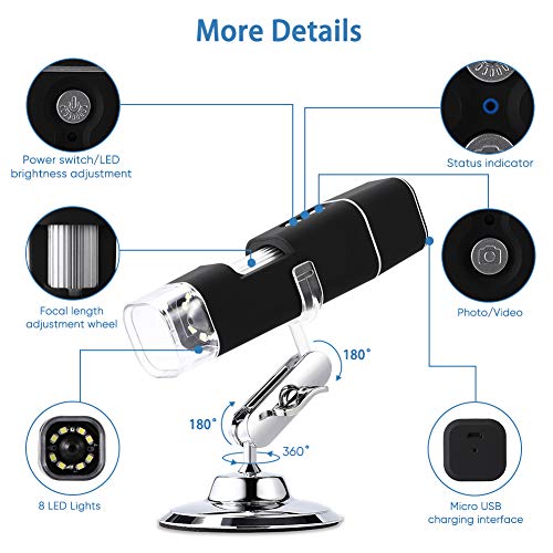 Microscopio Digital WiFi HD 2MP, 1000x Microscopio Inalámbrico 1080P HD con Zoom, Recargable, 8 LED, USB 2.0, Soporte de Metal, Microscopio Endoscopio Camara para iPhone iOS Android iPad Windows Mac