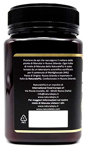 Miel de Manuka 400+ MGO 500g. Producida en Nueva Zelanda, activa y cruda, 100% pura y natural. Metilglioxial probado por laboratorios acreditados. NATURALEPIÙ