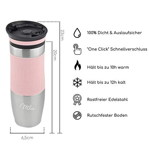 Milu Termo Taza 370ml, 450ml - Vaso Termico de Viaje - Café para Llevar - Taza de Viaje - Taza de acero inoxidable para beber - con aislamiento de doble pared (450ml, Rosa)