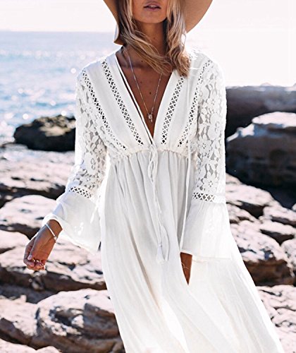 Minetom Mujer Boho Sexy Encaje Crochet Bikini Cubrir Cover Up Pareos Verano Casual Suelto Vestido Largo de Playa Vacaciones Sundress Blanco Tamaño Libre (ES 34-44)