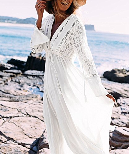 Minetom Mujer Boho Sexy Encaje Crochet Bikini Cubrir Cover Up Pareos Verano Casual Suelto Vestido Largo de Playa Vacaciones Sundress Blanco Tamaño Libre (ES 34-44)