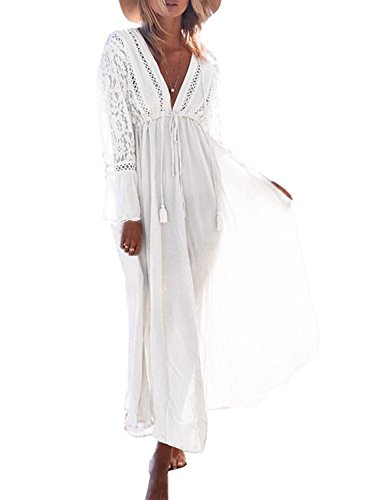 Minetom Mujer Boho Sexy Encaje Crochet Bikini Cubrir Cover Up Pareos Verano Casual Suelto Vestido Largo de Playa Vacaciones Sundress Blanco Tamaño Libre (ES 34-44)