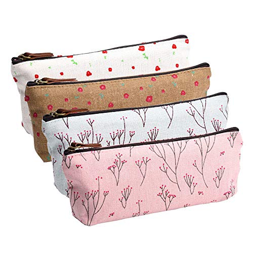 MINGZE 4 piezas caja de lápiz portalápiz,Lona Bolígrafo Estuche de lápices, papelería Bolsos cosméticos Estuche floral fresco